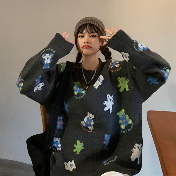 women's sweaters autumn college style loose retro bear childlike jacquard sweater round neck pullover all-match fashion top, White;black
women's sweaters autumn college style loose retro bear childlike jacquard sweater round neck pullover all-match fashion top, White;black