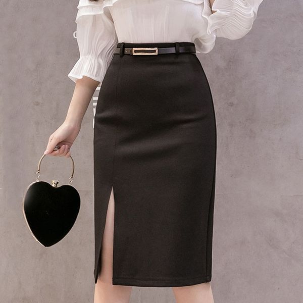 skirts womens faldas mujer moda belt high waist skirt woman skirts slim black pencil skirt women split skirt d163 210602