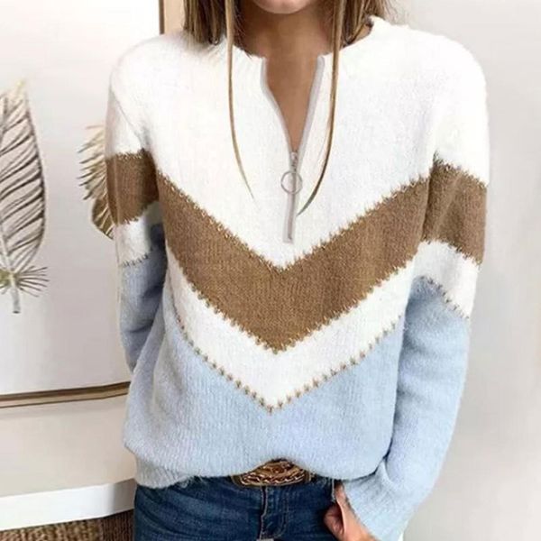 autumn and winter new european and american striped v-shaped round neck irregular sweater pullover bottoming shirt new zipper sweater, White
autumn and winter new european and american striped v-shaped round neck irregular sweater pullover bottoming shirt new zipper sweater, White