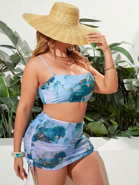 plus marble print bikini swimsuit with beach skirt c5tf#, Black