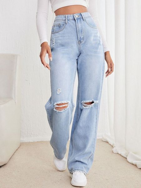 high waist straight leg ripped jeans o7bb#, Blue
high waist straight leg ripped jeans o7bb#, Blue