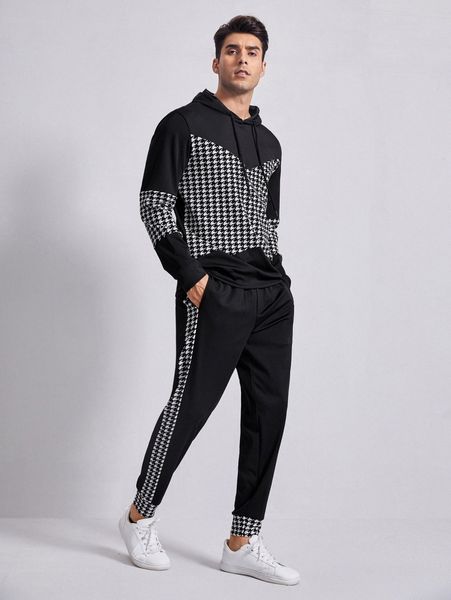 men houndstooth print drawstring hoodie & sweatpants set v8rq#, Gray 
men houndstooth print drawstring hoodie & sweatpants set v8rq#, Gray