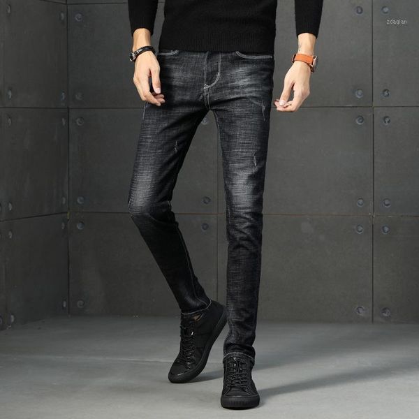 men's jeans trendy business casual stretch slim light blue black trousers men