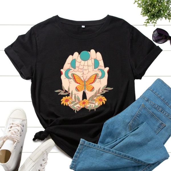 women's t-shirt summer women 100% cotton short sleeve hand butterfly floral print female graphic t shirt ladies regular casual tees, White
women's t-shirt summer women 100% cotton short sleeve hand butterfly floral print female graphic t shirt ladies regular casual tees, White
