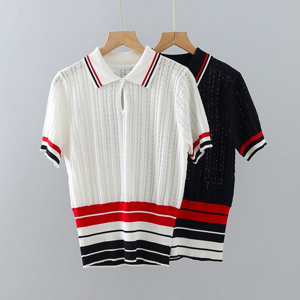 men's and women's 21 summer new tb british style thin tricolor stripe polo neck ice silk short sleeve sweater pullover top, White;black
men's and women's 21 summer new tb british style thin tricolor stripe polo neck ice silk short sleeve sweater pullover top, White;black