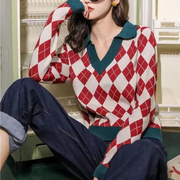 women's sweaters women turn down collar full sleeve argyle knitted sweater pullovers autumn fashion vintage jumper female christmas, White;black
women's sweaters women turn down collar full sleeve argyle knitted sweater pullovers autumn fashion vintage jumper female christmas, White;black