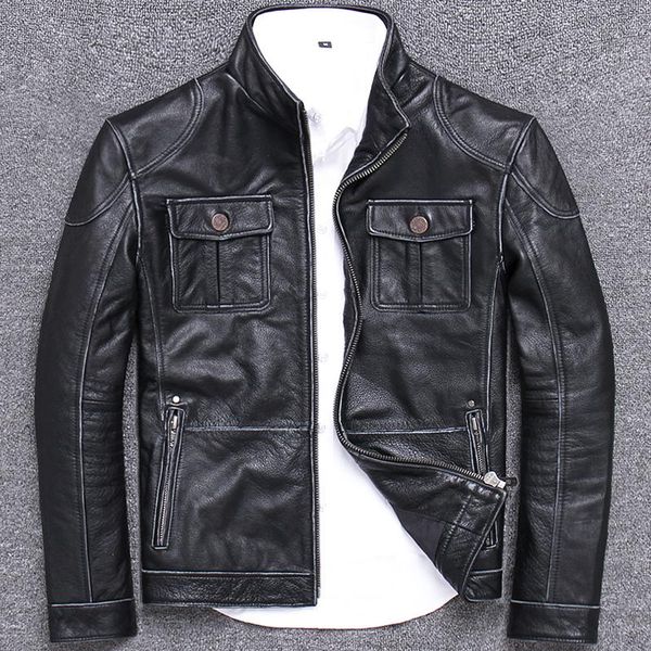 men's leather & faux head layer cowhide genuine clothing manual edge grinding do used jacket stand lead short fund, Black
men's leather & faux head layer cowhide genuine clothing manual edge grinding do used jacket stand lead short fund, Black
