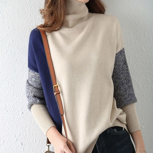 women's sweaters or girls'high-necked wool sweater-blocking sweater-wide wide split mid-length mesh shirt with bottom-knit for out, White;black
women's sweaters or girls'high-necked wool sweater-blocking sweater-wide wide split mid-length mesh shirt with bottom-knit for out, White;black