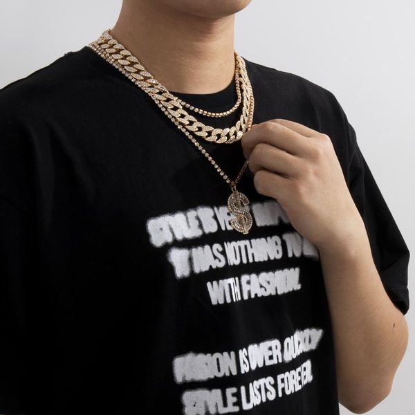 pendant necklaces miami cuban multilayer chain necklace hip hop sculpture rhinestone dollar sign jewelry, Silver