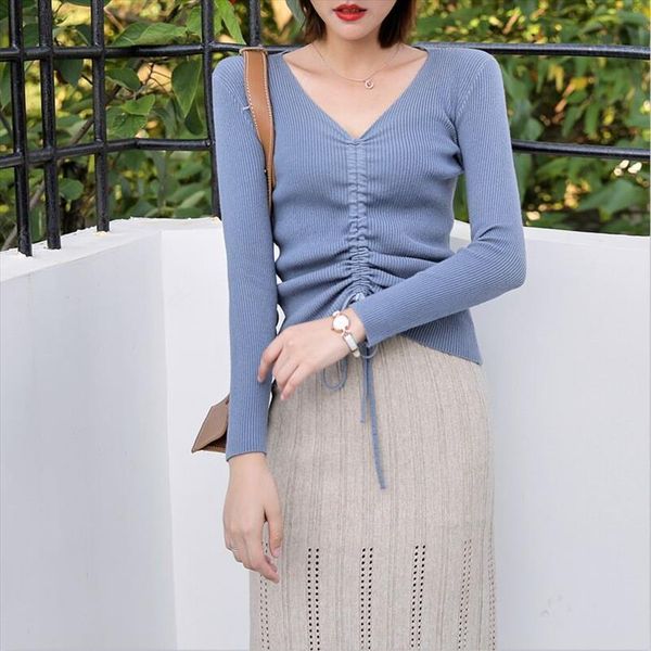 women knitted v neck full womens sweater sleeve draw string pullovers female knitting soft for autumn winter, White;black
women knitted v neck full womens sweater sleeve draw string pullovers female knitting soft for autumn winter, White;black