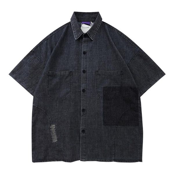 men's casual shirts contrast paneled denim short sleeve mens summer distressed half-sleeve loose lapel men, White;black
men's casual shirts contrast paneled denim short sleeve mens summer distressed half-sleeve loose lapel men, White;black