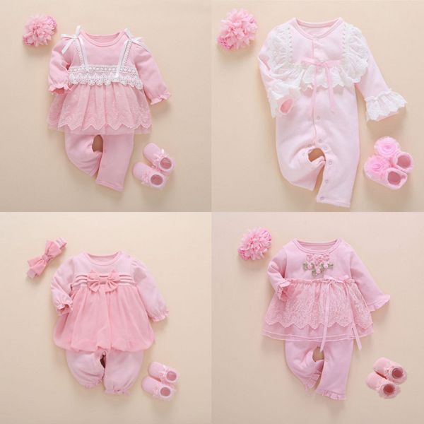 

Newborn Baby Girl Clothes Fall Cotton Lace Princess Style Baby Jumpsuit 0-3 Months Infant Romper with Socks Headband Ropa Bebe 210315, Black white