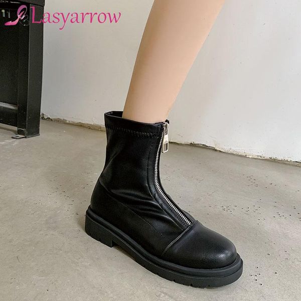 boots lasyarrow women 2021 autumn fashion front zipper mid-tube comfortable round head platform pu leather, Black 
boots lasyarrow women 2021 autumn fashion front zipper mid-tube comfortable round head platform pu leather, Black