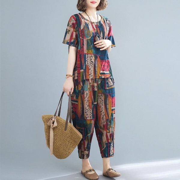 women's two piece pants #4058 summer woman printed set cotton linen short sleeve round neck tshirt elastic waist harem loose casual sui, White
women's two piece pants #4058 summer woman printed set cotton linen short sleeve round neck tshirt elastic waist harem loose casual sui, White
