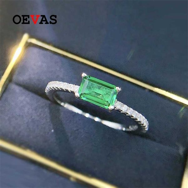 oevas 100% 925 sterling silver 4*6mm synthetic emerald wedding rings for women sparkling engagement fine jewelry gift 211217, Slivery;golden