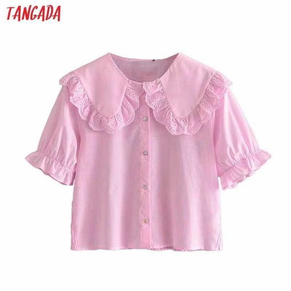 tangada women retro pink statement collar crop shirt short sleeve chic female short blouse shirt 3h505 210609, White 
tangada women retro pink statement collar crop shirt short sleeve chic female short blouse shirt 3h505 210609, White