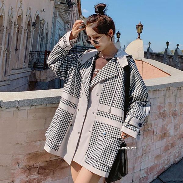 women's trench coats 2021 fashion spring autumn coat long sleeve houndstooth classic mid-length hooded windbreaker, Tan;black
women's trench coats 2021 fashion spring autumn coat long sleeve houndstooth classic mid-length hooded windbreaker, Tan;black