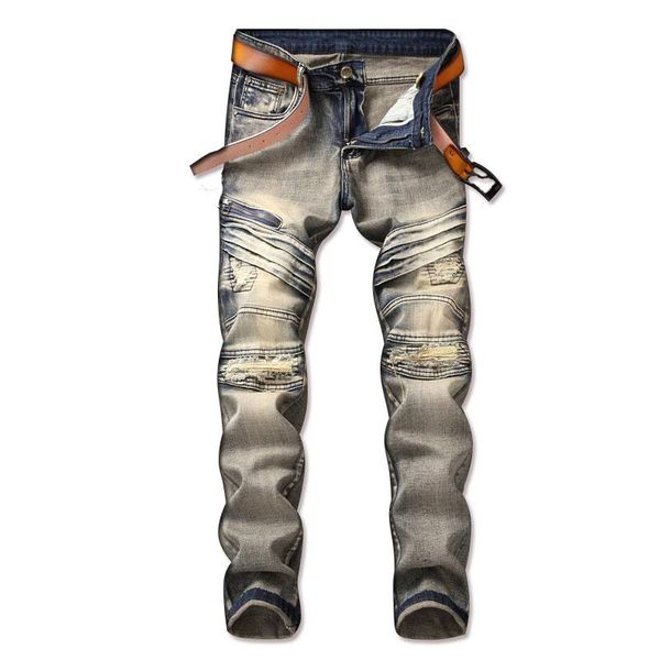 men's jeans distressed men stretch slim fit vintage fake zippers pockets pleated hip hop ripped original brand chic no belt, Blue
men's jeans distressed men stretch slim fit vintage fake zippers pockets pleated hip hop ripped original brand chic no belt, Blue