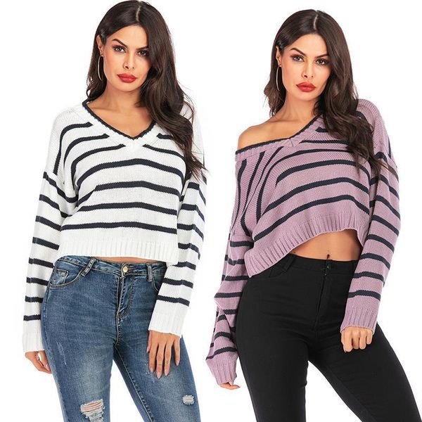 women's sweaters v neck purple and black stripe autumn knitwear jumpers for women long sleeve loose ladies short cold shoulder crop, White;black
women's sweaters v neck purple and black stripe autumn knitwear jumpers for women long sleeve loose ladies short cold shoulder crop, White;black