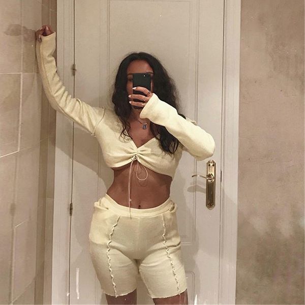knitting cotton shorts matching sets women long sleeve v-neck lace up tank elastic waist pants two piece outfit, White
knitting cotton shorts matching sets women long sleeve v-neck lace up tank elastic waist pants two piece outfit, White