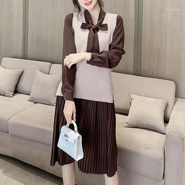retro women long dress two piece sets spring autumn fashion bowknot sleeve pleated skirt knitting split vest suit women's tracksuits, Gray
retro women long dress two piece sets spring autumn fashion bowknot sleeve pleated skirt knitting split vest suit women's tracksuits, Gray
