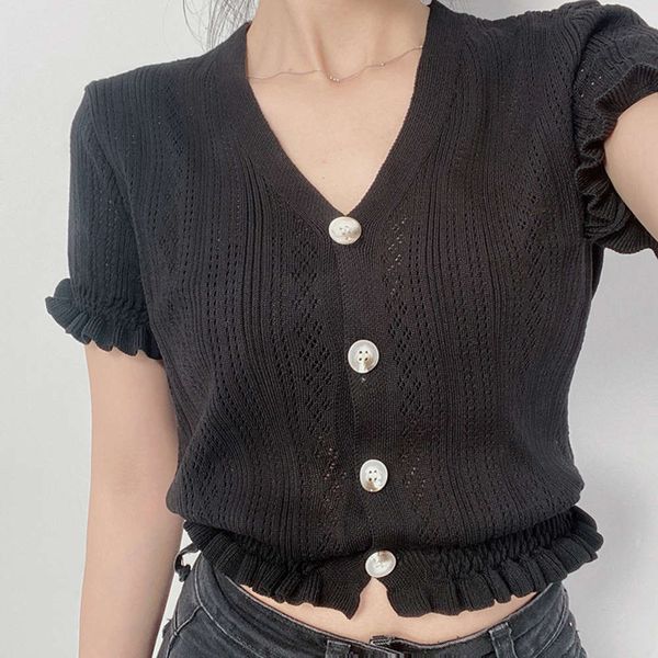 2021 summer new style breasted cardigan v-neck lace sve open navel knitting casual t-shirt, White
2021 summer new style breasted cardigan v-neck lace sve open navel knitting casual t-shirt, White
