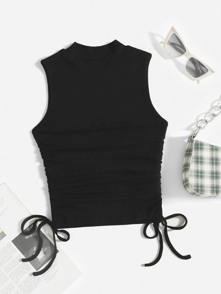 mock neck knot side ruched tank r93e#, White