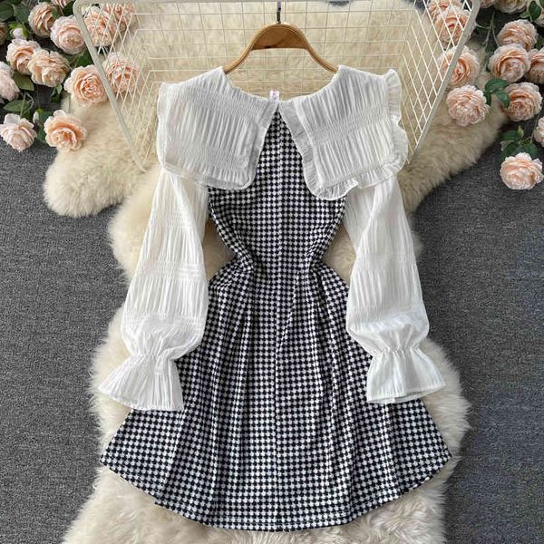 chic sweet dress woman spring ins college style lace doll collar stitching plaid waist female a-line dresses, Black;gray
chic sweet dress woman spring ins college style lace doll collar stitching plaid waist female a-line dresses, Black;gray