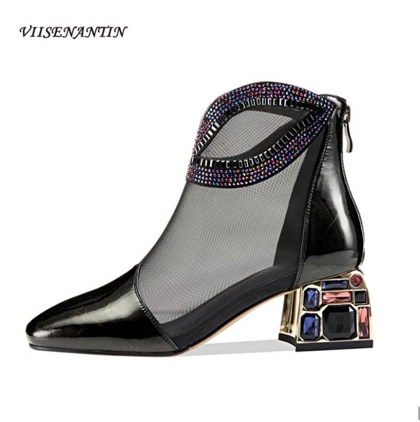 boots square toe breathable mesh rhinestone thick heel short sandal hollow color diamond back zipper crystal net, Black
boots square toe breathable mesh rhinestone thick heel short sandal hollow color diamond back zipper crystal net, Black