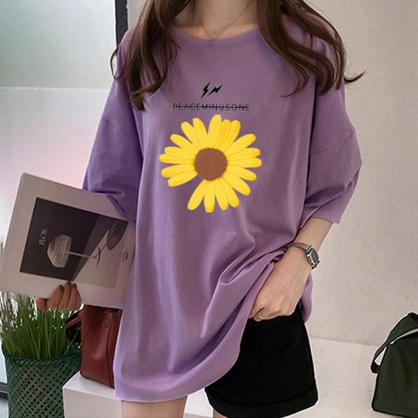women's t-shirt fashion daisy print black purple women half sleeve mid length loose summer spring o neck casual overiszed tees, White
women's t-shirt fashion daisy print black purple women half sleeve mid length loose summer spring o neck casual overiszed tees, White