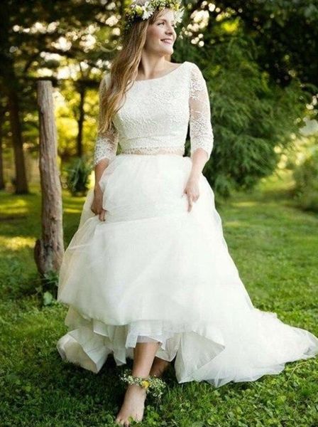 two pieces country wedding dresses half sleeves lace vestidos de novia a line tulle bridal gowns, White
two pieces country wedding dresses half sleeves lace vestidos de novia a line tulle bridal gowns, White