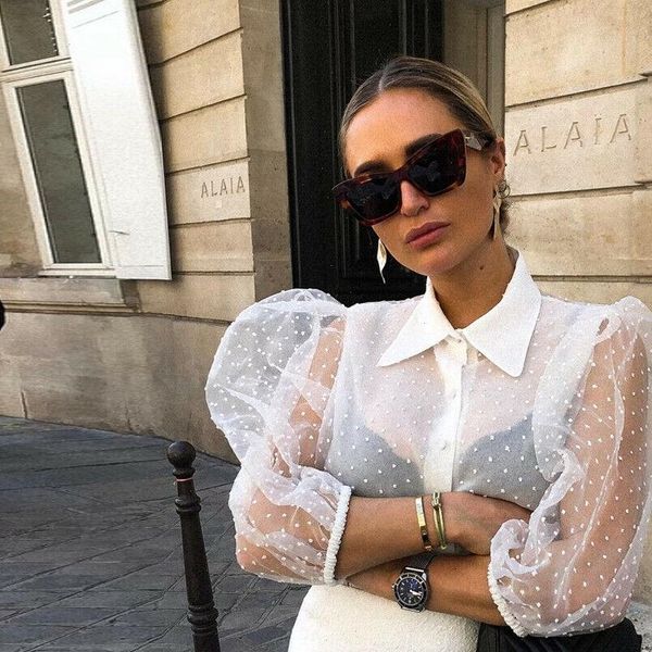 high street vintage women sheer mesh lace polka dot puff sleeve button down ladies see through shirt blouse, White
high street vintage women sheer mesh lace polka dot puff sleeve button down ladies see through shirt blouse, White