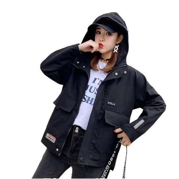 women's jackets 2021 spring hooded fashion korean casual jacket female stickers student tooling coats tide, Black;brown
women's jackets 2021 spring hooded fashion korean casual jacket female stickers student tooling coats tide, Black;brown