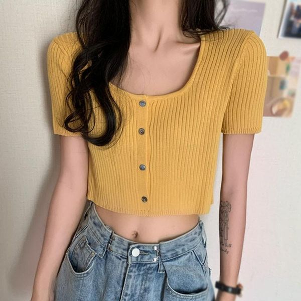women's t-shirt fashion square collar button section knitted short-sleeved cardigan, White
women's t-shirt fashion square collar button section knitted short-sleeved cardigan, White