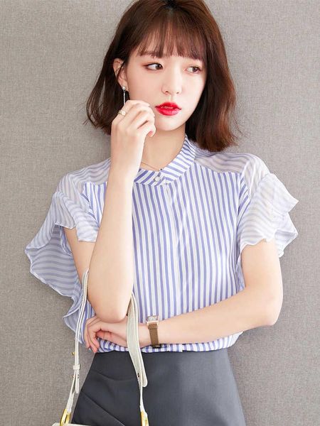 women's blouses & shirts summer thin striped chiffon shirt 2021 short sleeve design, White
women's blouses & shirts summer thin striped chiffon shirt 2021 short sleeve design, White