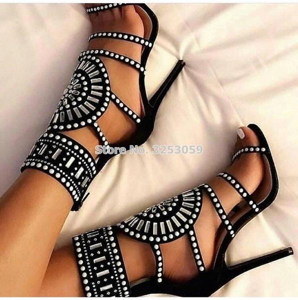 women bling bling crystal dress sandals thin strappy shoes round shape design beaded diamond t-stage sandals runway shoes, Black
women bling bling crystal dress sandals thin strappy shoes round shape design beaded diamond t-stage sandals runway shoes, Black