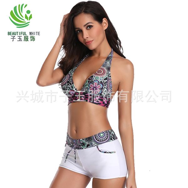 neck print 2021 tie large new split bikini women's swimsuit, White;black
neck print 2021 tie large new split bikini women's swimsuit, White;black