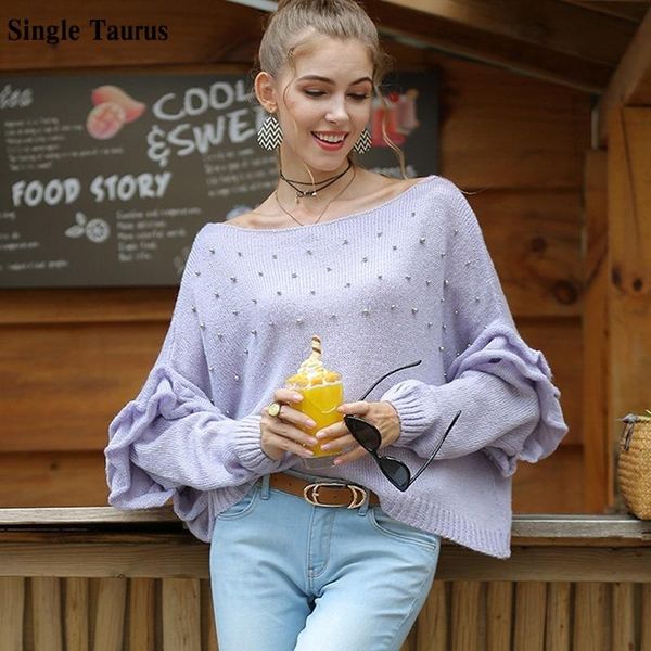 women's sweaters beaded sweater autumn winter sweet flare sleeve knitting loose casual streetwear slash neck pullover korean beading cl, White;black
women's sweaters beaded sweater autumn winter sweet flare sleeve knitting loose casual streetwear slash neck pullover korean beading cl, White;black