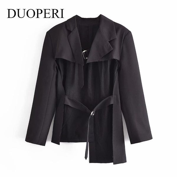 women's suits & blazers duoperi front cut blazer with belt design long sleeves coat fashion asymmetrical hem outwear women chic lady wo, White;black
women's suits & blazers duoperi front cut blazer with belt design long sleeves coat fashion asymmetrical hem outwear women chic lady wo, White;black