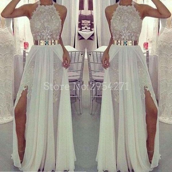 party dresses halter evening dress white high slit lace with sash chiffon vestido para casamento longo prom gowns backless, White;black
party dresses halter evening dress white high slit lace with sash chiffon vestido para casamento longo prom gowns backless, White;black