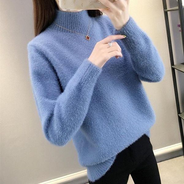 women's sweaters 2021 autumn and winter solid color imitation mink velvet half high neck pullover sweater lazy knit bottoming shirt, White;black 
women's sweaters 2021 autumn and winter solid color imitation mink velvet half high neck pullover sweater lazy knit bottoming shirt, White;black