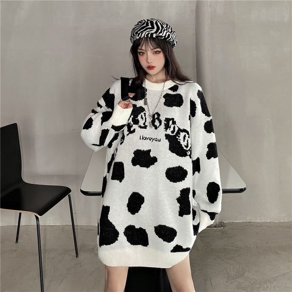 2021 new autumn loose cow jacquard round neck long sleeve pullover knitted simple fashion sweater women bpo4, White;black
2021 new autumn loose cow jacquard round neck long sleeve pullover knitted simple fashion sweater women bpo4, White;black