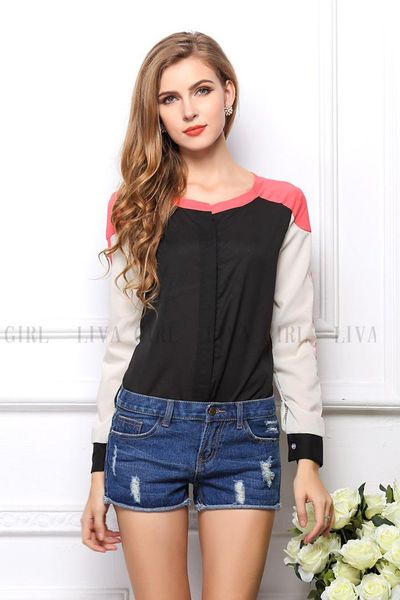 women's blouses & shirts summer trade mode in europe and american explosion model splicing hit color shirt, White
women's blouses & shirts summer trade mode in europe and american explosion model splicing hit color shirt, White