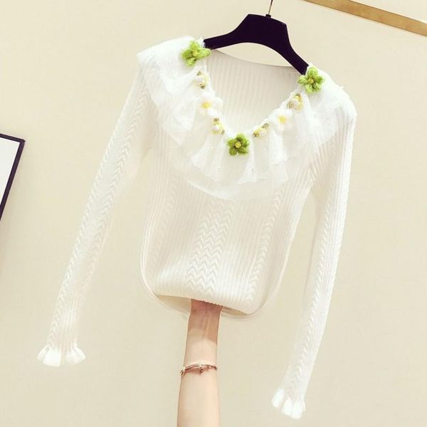 women's sweaters 2021 spring sweet beaded flower lace panel v-neck long-sleeve slim-fit knit sweater shirt ladies jumper full femme, White;black
women's sweaters 2021 spring sweet beaded flower lace panel v-neck long-sleeve slim-fit knit sweater shirt ladies jumper full femme, White;black