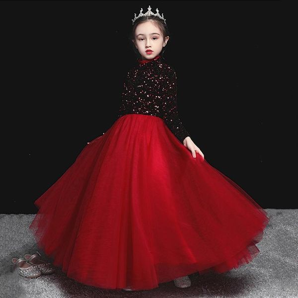 girl's dresses flower girl three quarter illusion sequined princess floor-length luxury burgundy high lace tulle kids party gown h201, Red;yellow
girl's dresses flower girl three quarter illusion sequined princess floor-length luxury burgundy high lace tulle kids party gown h201, Red;yellow