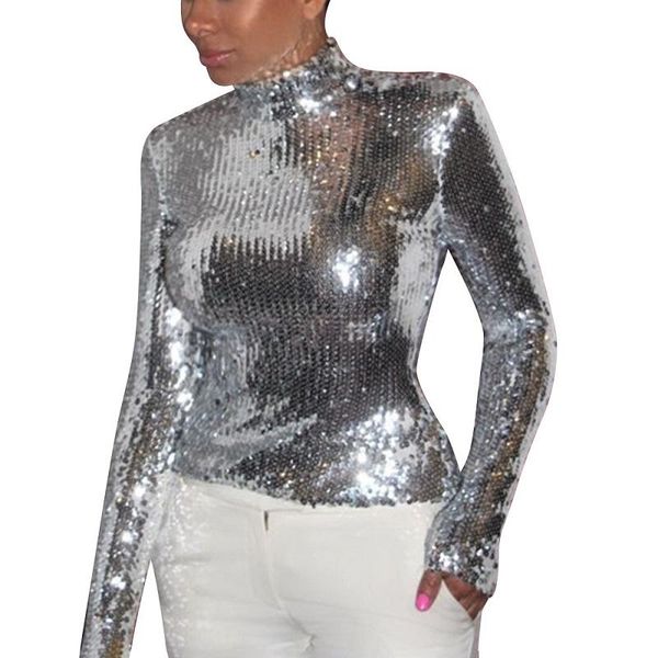women's t-shirt european sparkly sequined stand collar full sleeve night club party tide shiny style, White
women's t-shirt european sparkly sequined stand collar full sleeve night club party tide shiny style, White