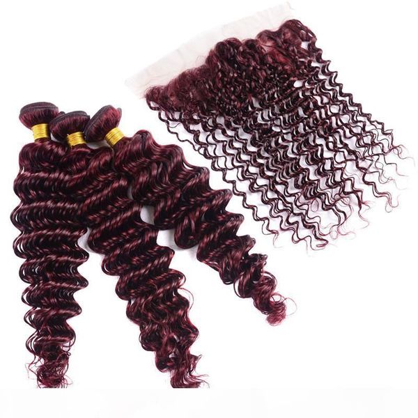 burgundy brazilian deep wave 99j bundles with 13x4 swiss lace frontal virgin hair 150% density human hair 3 bundles with frontal 10-24, Black;brown
