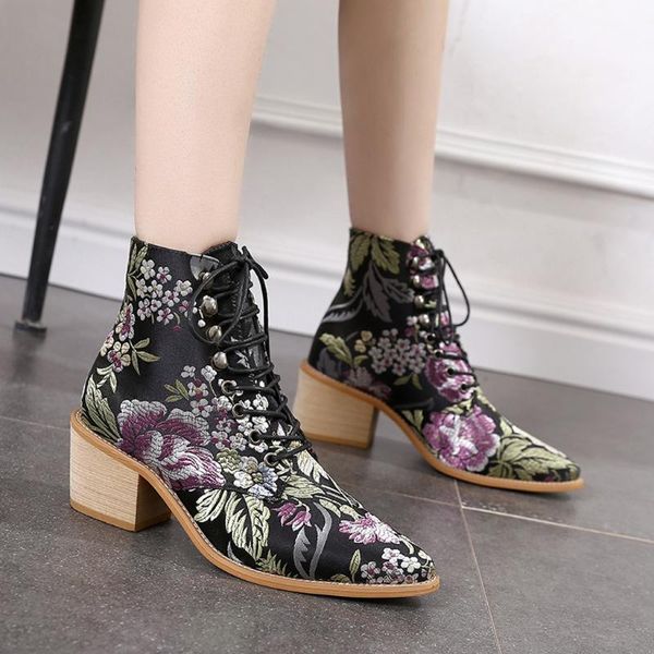 boots vintage bohemian women's short fashion cloth embroidery lace-up pointed toe shoe woman chinese style ankle, Black
boots vintage bohemian women's short fashion cloth embroidery lace-up pointed toe shoe woman chinese style ankle, Black