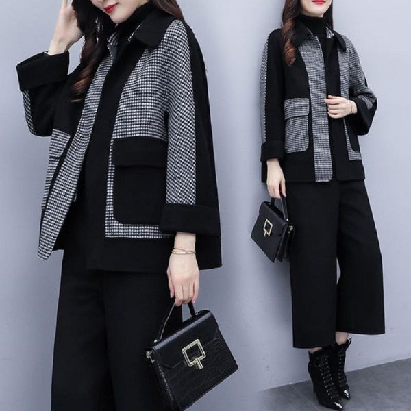 women's two piece pants 2021 autumn winter casual loose wide leg suit for women houndstooth patchwork jacket and trousers set outfit, White
women's two piece pants 2021 autumn winter casual loose wide leg suit for women houndstooth patchwork jacket and trousers set outfit, White