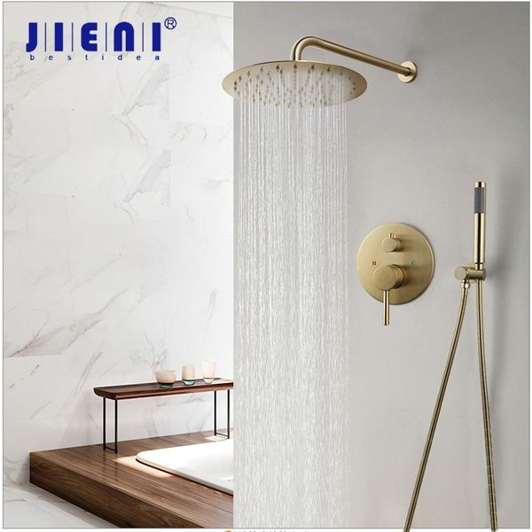 jieni brush golden 10 inch shower faucet set round shower head wall mounted rainfall set w/ hand mixer faucet
jieni brush golden 10 inch shower faucet set round shower head wall mounted rainfall set w/ hand mixer faucet
